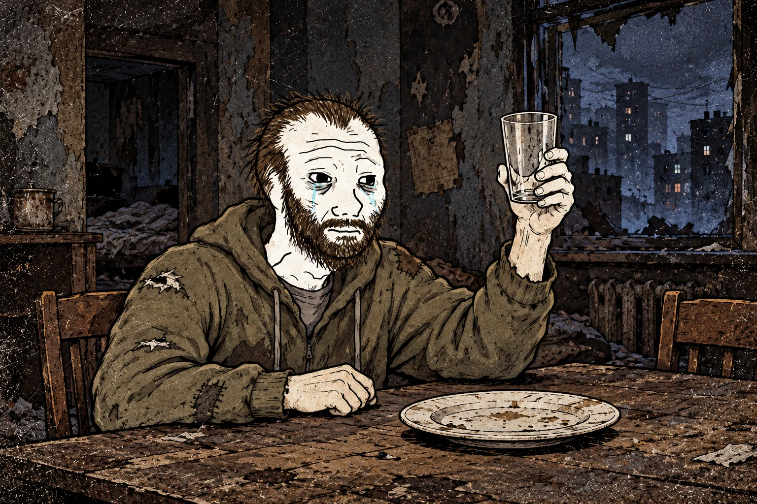 Nillionaire dignifies his empty plate and empty glass with a solemn toast in a ruined apartment.