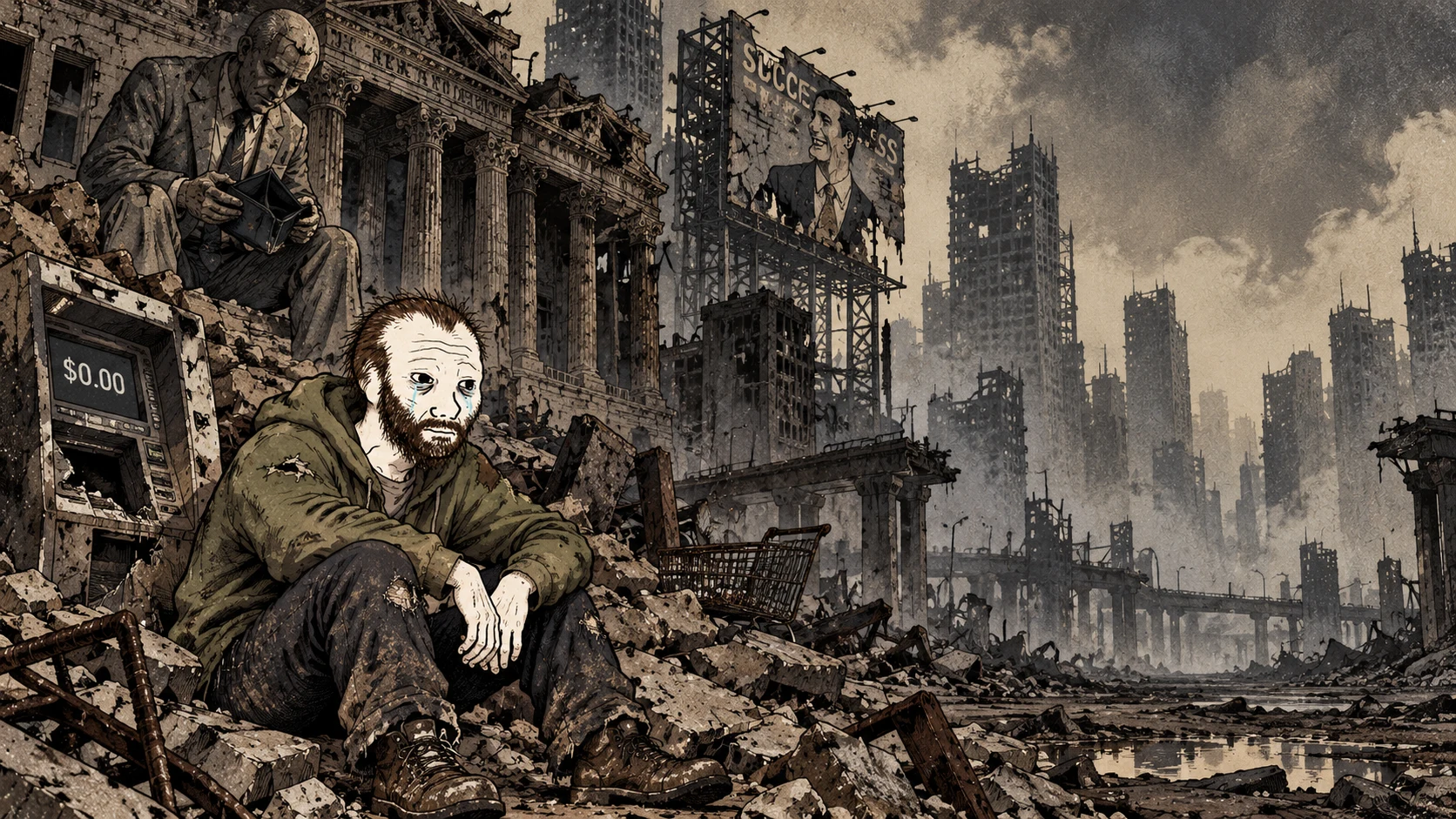 The crying Nillionaire sits among rubble beside a broken zero-dollar ATM in an abandoned financial city.