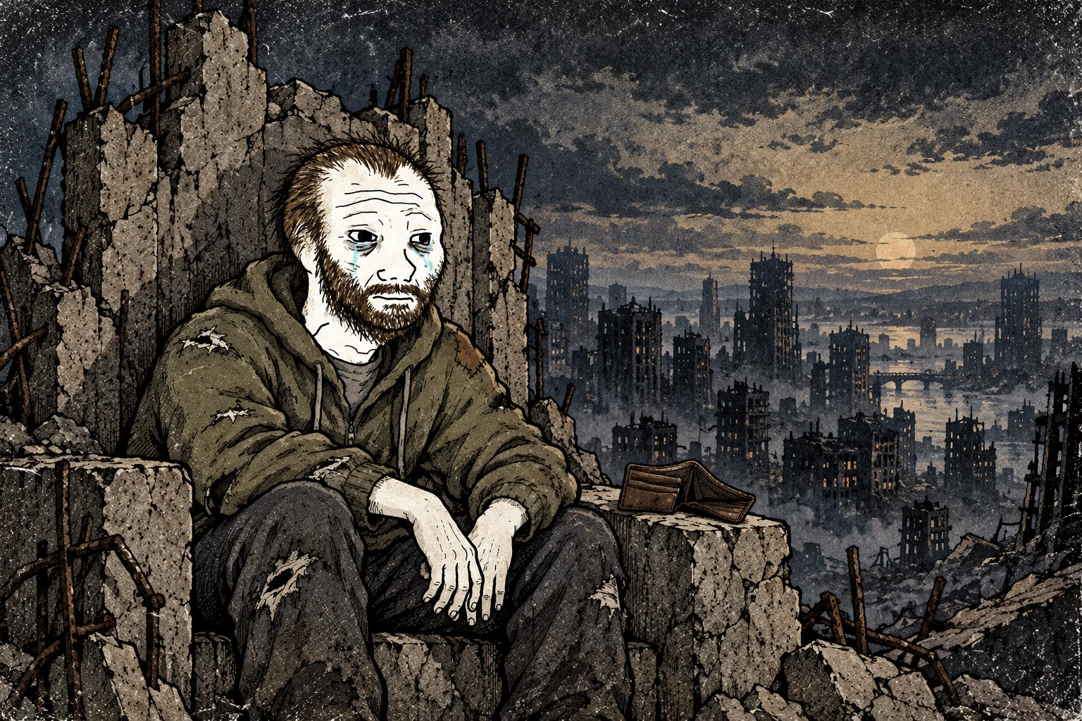 A peaceful Nillionaire sits on a broken concrete throne overlooking the abandoned city with only an empty wallet.